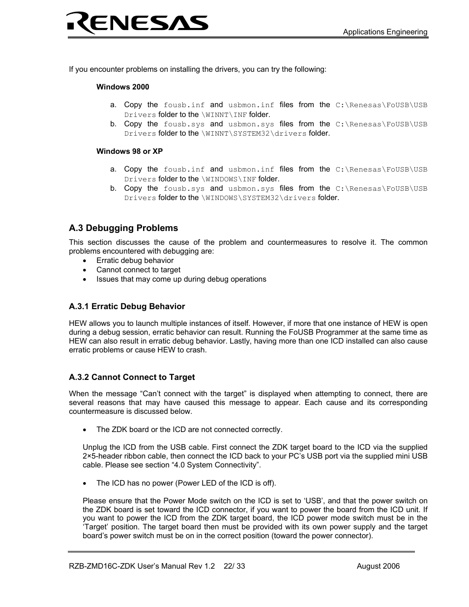 Debugging problems, Erratic debug behavior, Cannot connect to target | A.3 debugging problems, A.3.1 erratic debug behavior, A.3.2 cannot connect to target | Renesas RZB-ZMD16C-ZDK User Manual | Page 22 / 33