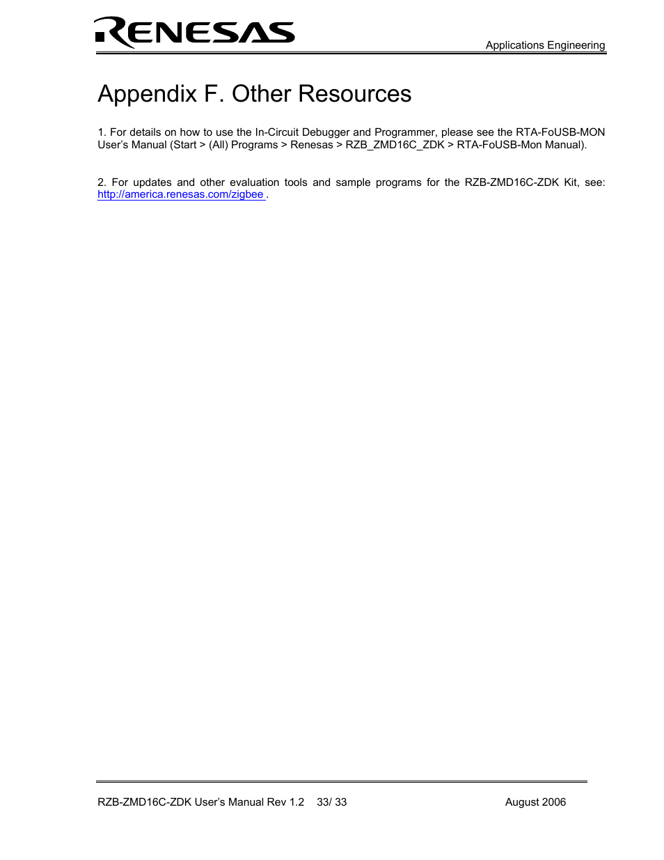 Other resources, Appendix f. other resources | Renesas RZB-ZMD16C-ZDK User Manual | Page 33 / 33