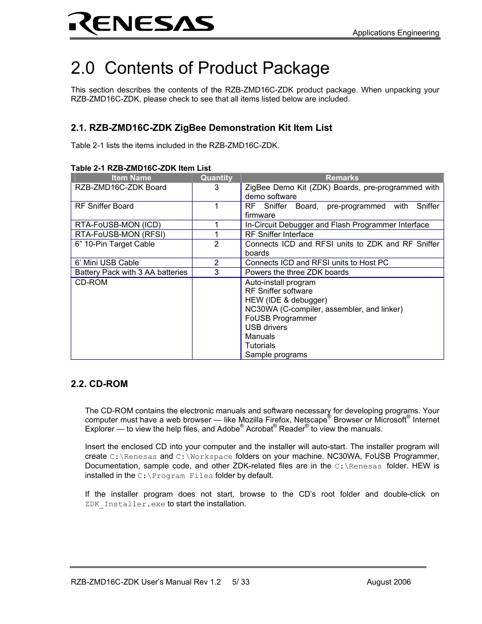 Contents of product package, Rzb-zmd16c-zdk zigbee demonstration kit item list, Cd-rom | 0 contents of product package | Renesas RZB-ZMD16C-ZDK User Manual | Page 5 / 33