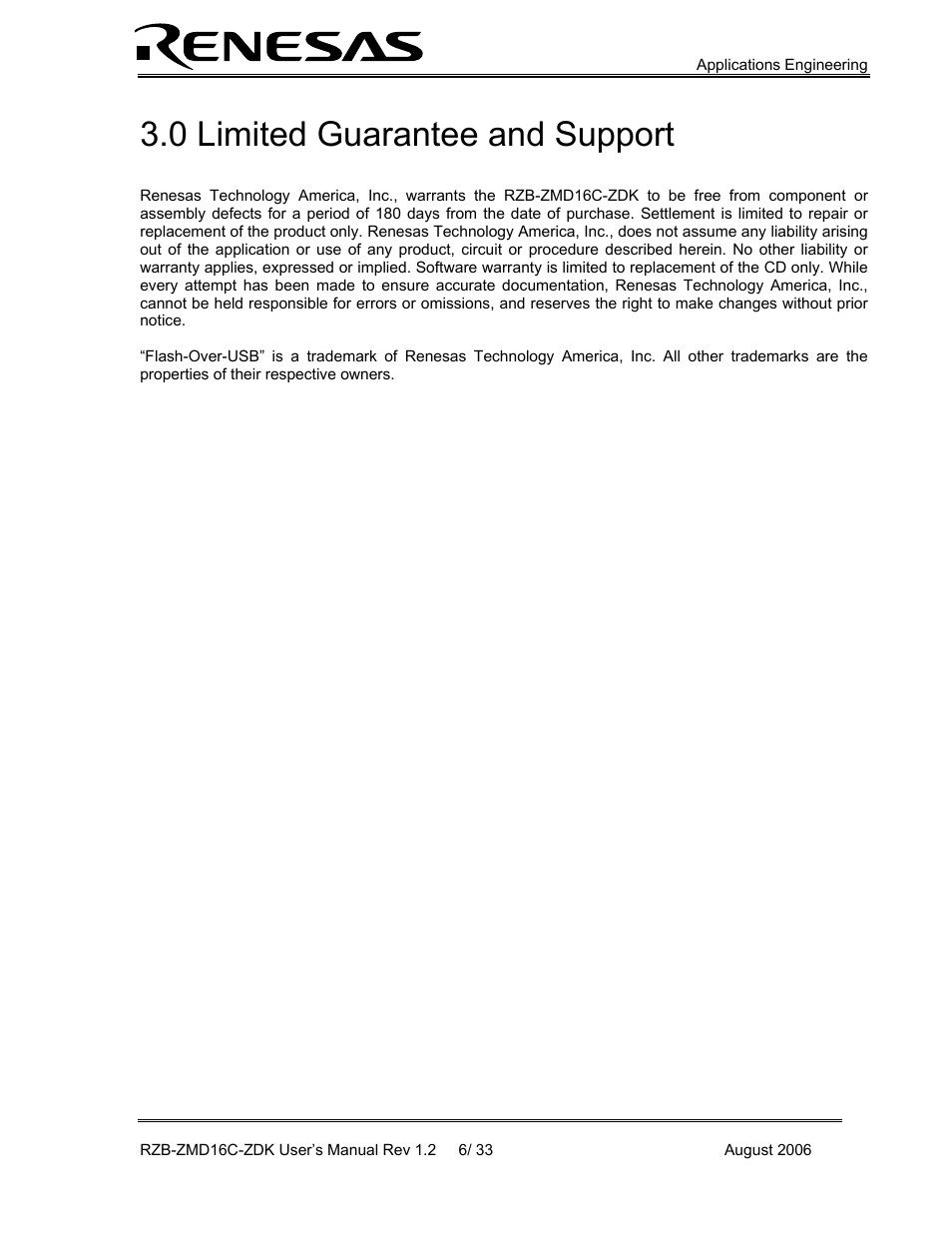 Limited guarantee and support, 0 limited guarantee and support | Renesas RZB-ZMD16C-ZDK User Manual | Page 6 / 33