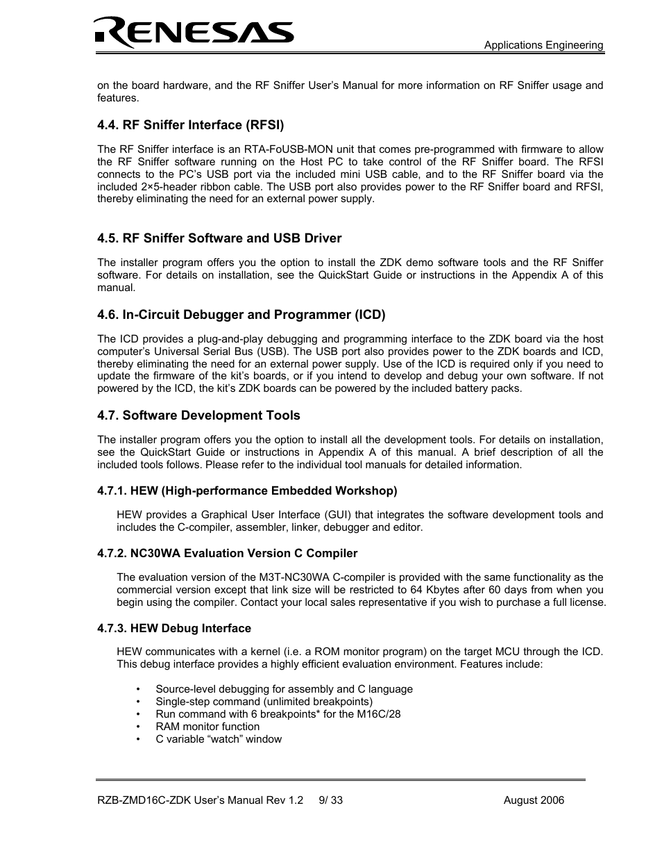 Rf sniffer interface (rfsi), Rf sniffer software and usb driver, In-circuit debugger and programmer (icd) | Software development tools, Hew (high-performance embedded workshop), Nc30wa evaluation version c compiler, Hew debug interface | Renesas RZB-ZMD16C-ZDK User Manual | Page 9 / 33