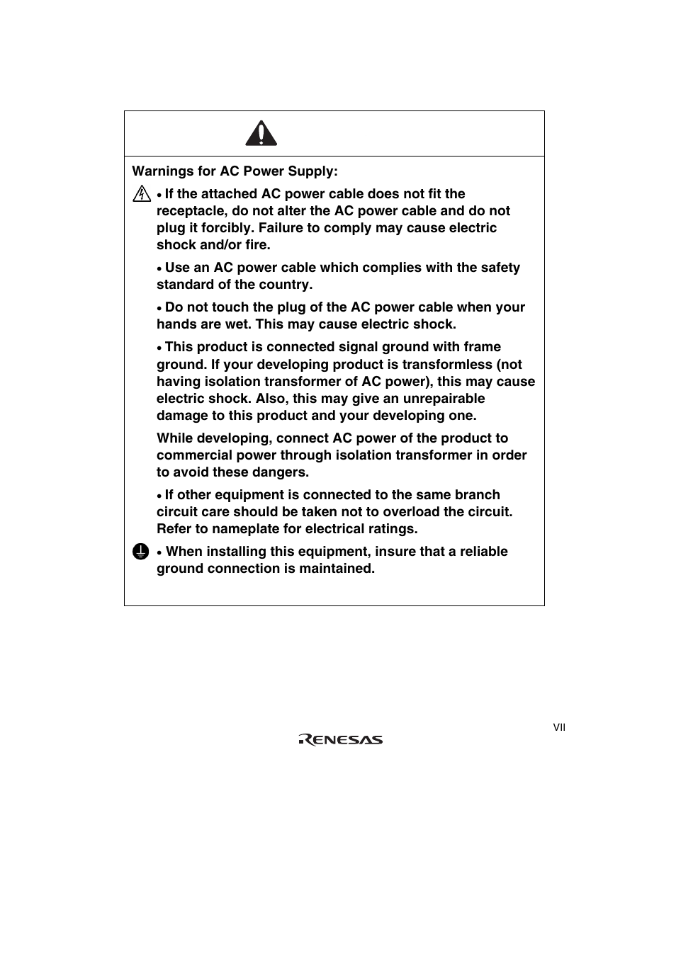 Warning | Renesas R0E572860CFL00 User Manual | Page 11 / 40