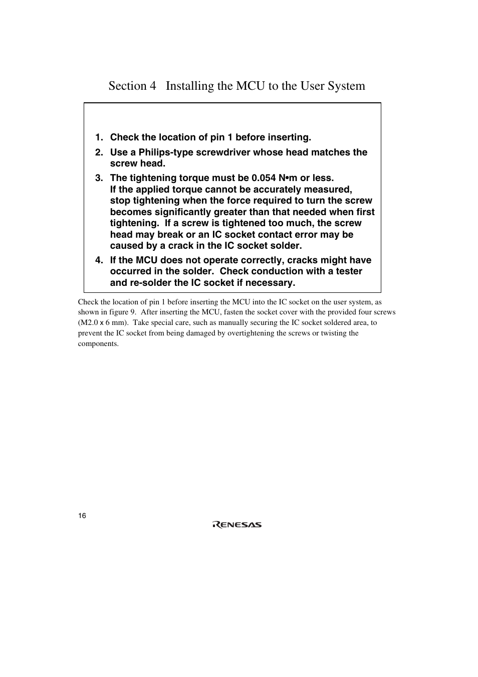 Section 4 installing the mcu to the user system, Caution | Renesas R0E572860CFL00 User Manual | Page 32 / 40
