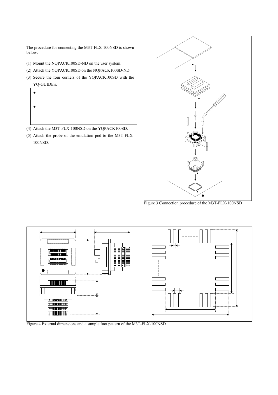 Connection procedure, External dimensions and a sample foot pattern, See figure 3) | Renesas M3T-FLX-100NSD User Manual | Page 5 / 6