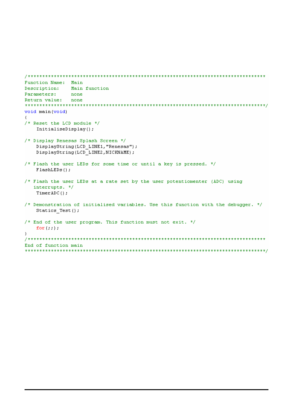 Main tutorial code (main.c / main.h) | Renesas M3T-ICC740 User Manual | Page 20 / 23