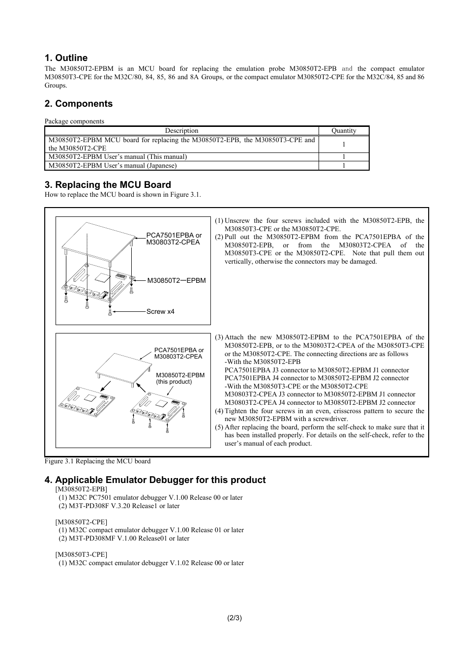 Outline, Components, Replacing the mcu board | Applicable emulator debugger for this product | Renesas MCU Board M30850T2-EPBM User Manual | Page 2 / 3
