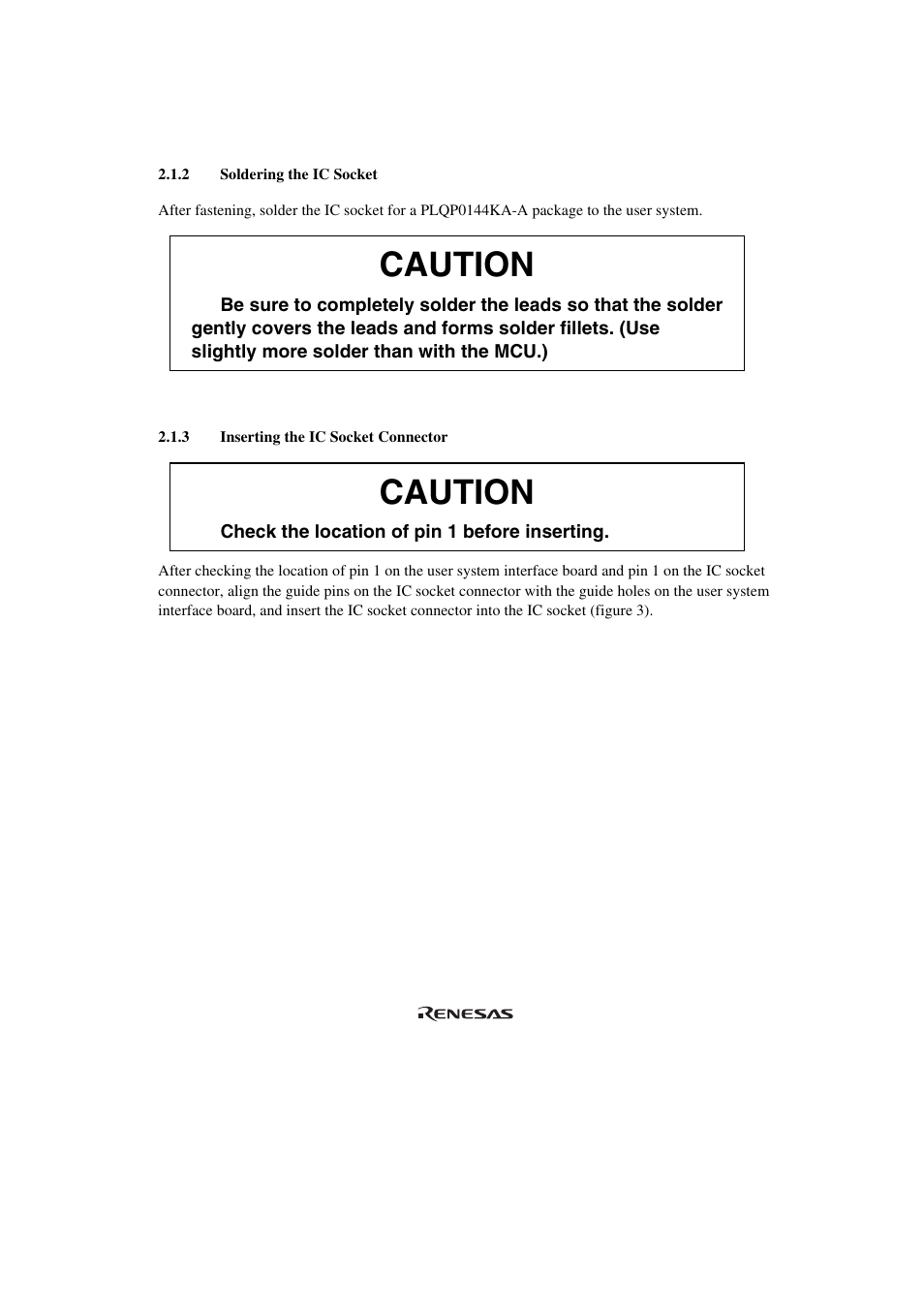 2 soldering the ic socket, 3 inserting the ic socket connector, Caution | Renesas H8SX/1668R User Manual | Page 17 / 44