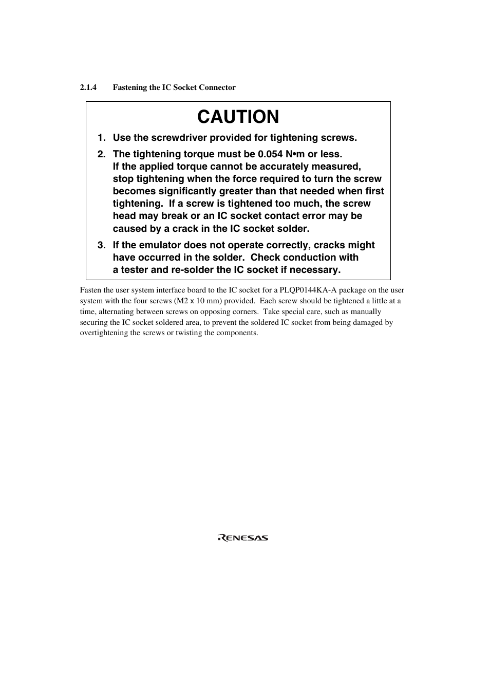 4 fastening the ic socket connector, Caution | Renesas H8SX/1668R User Manual | Page 18 / 44