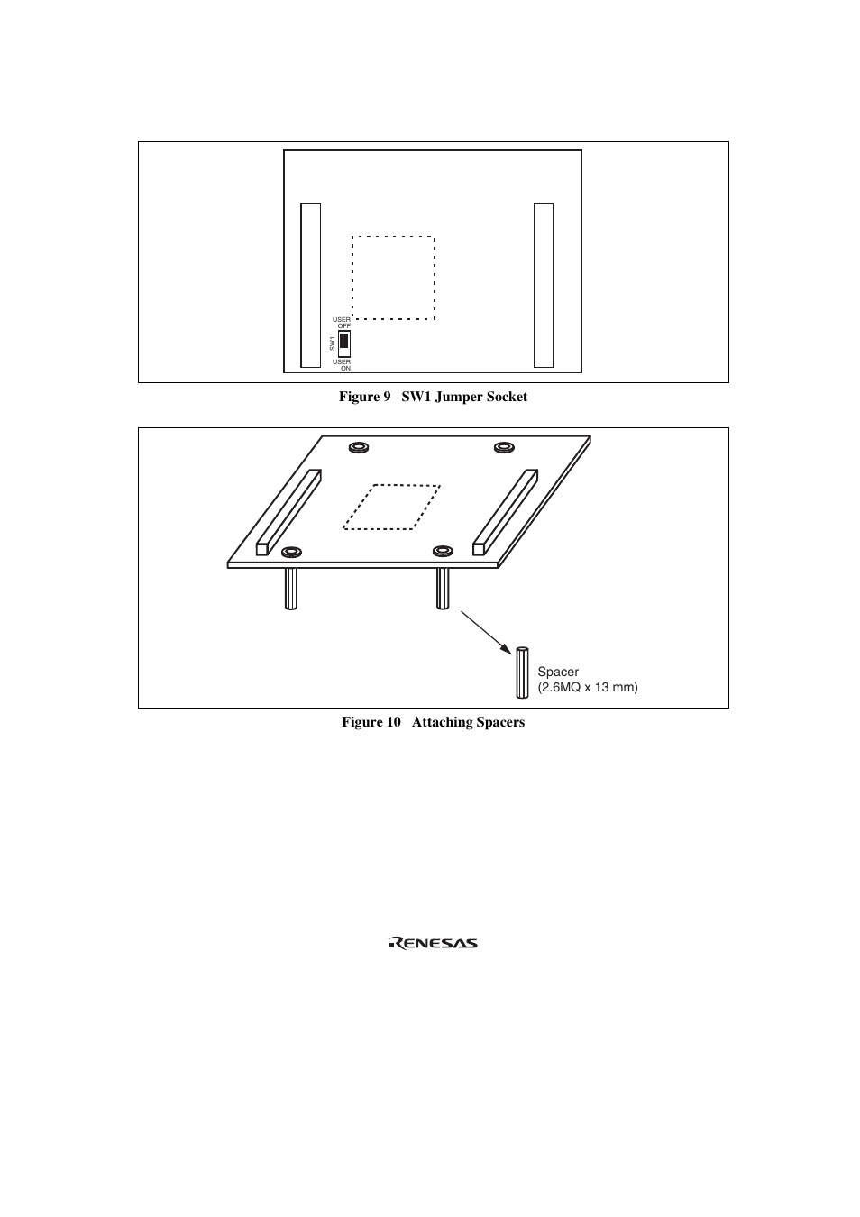 Figure 9 sw1 jumper socket, Figure 10 attaching spacers | Renesas H8SX/1668R User Manual | Page 27 / 44