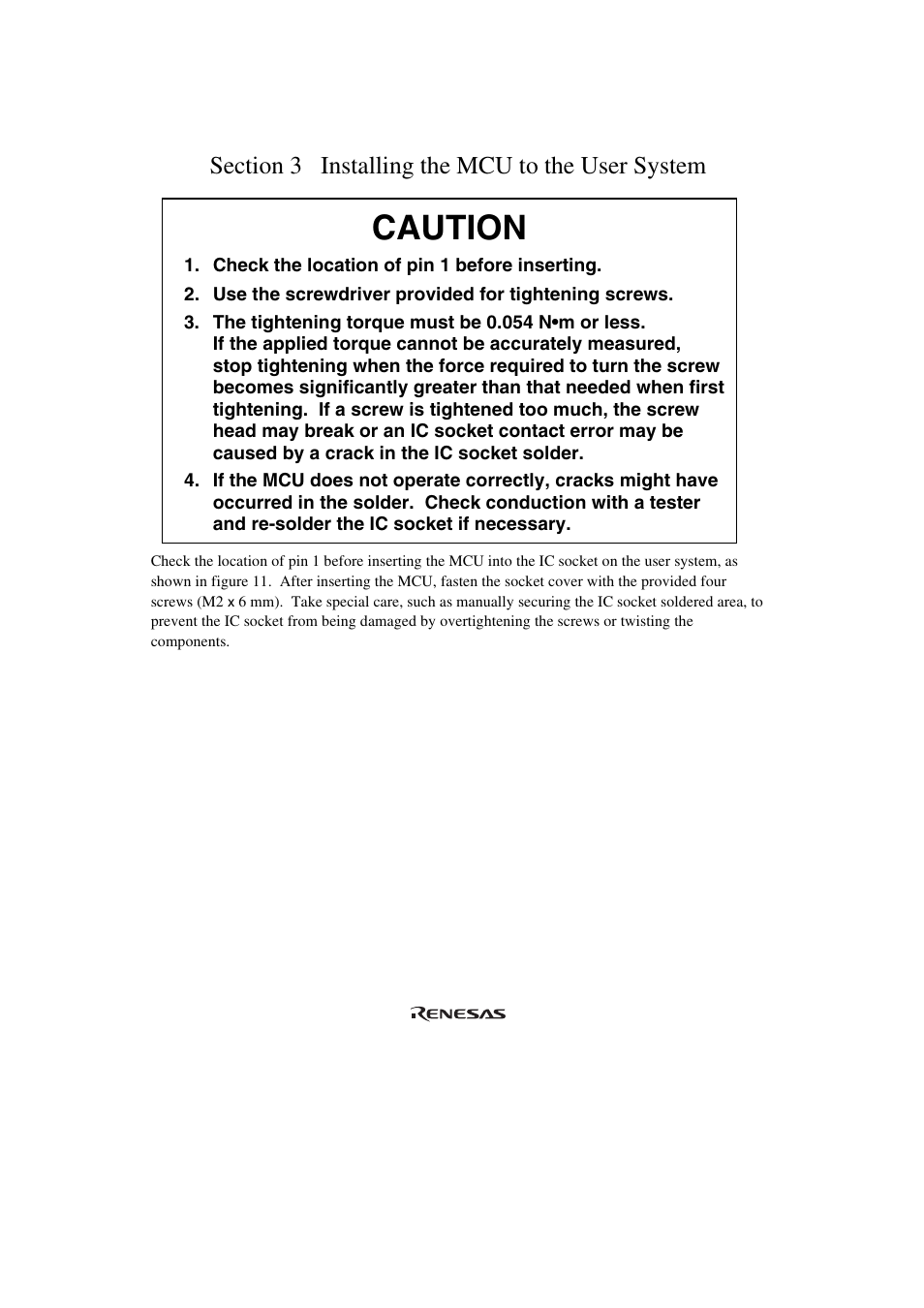 Section 3 installing the mcu to the user system, Caution | Renesas H8SX/1668R User Manual | Page 28 / 44