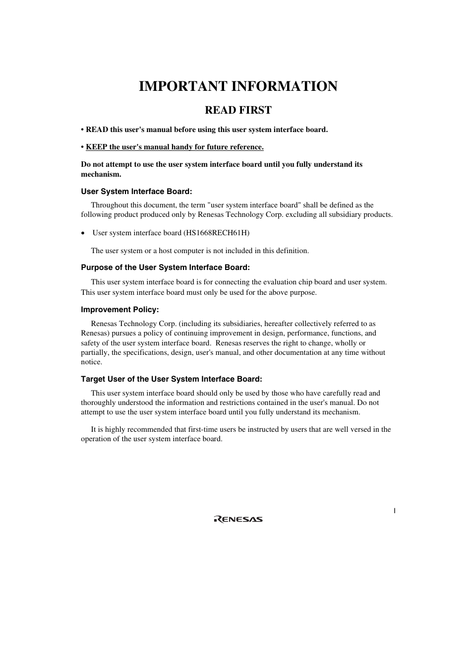 Important information, Read first | Renesas H8SX/1668R User Manual | Page 5 / 44