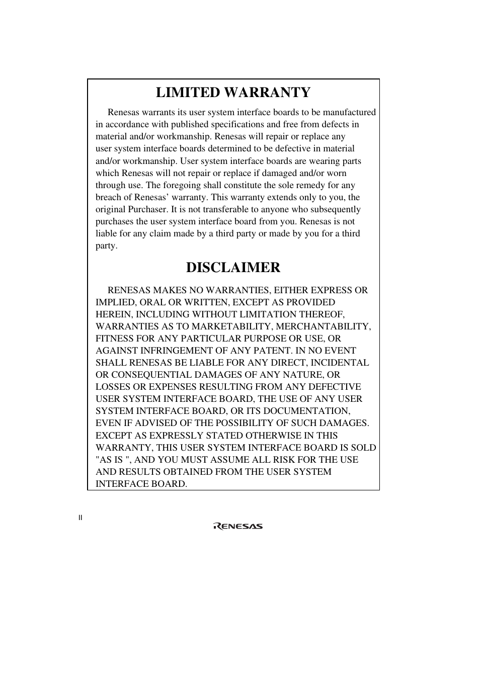 Limited warranty, Disclaimer | Renesas H8SX/1668R User Manual | Page 6 / 44