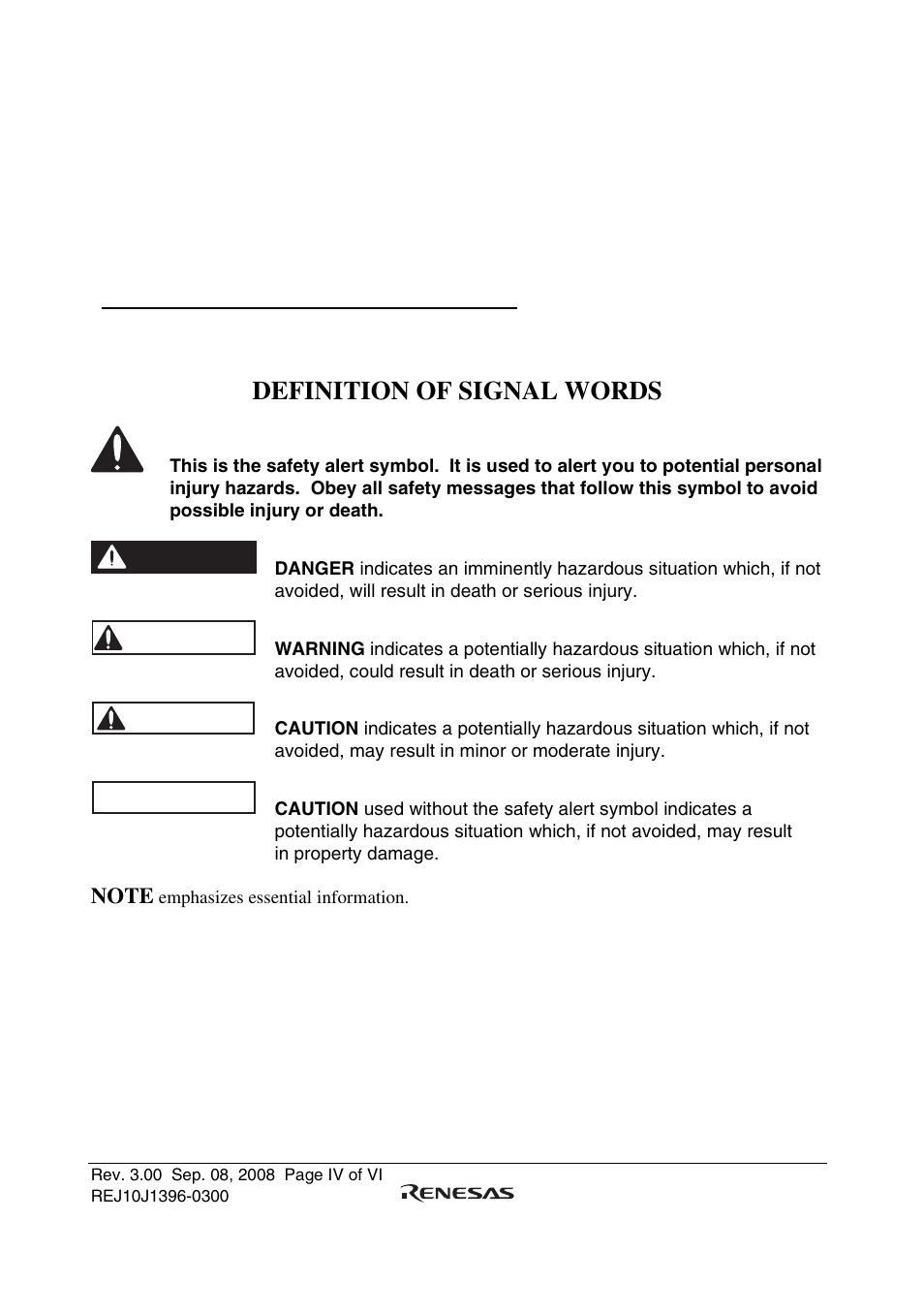 Safety page, Read first, Definition of signal words | Warning, Danger, Caution | Renesas H8SX/1582 User Manual | Page 10 / 36
