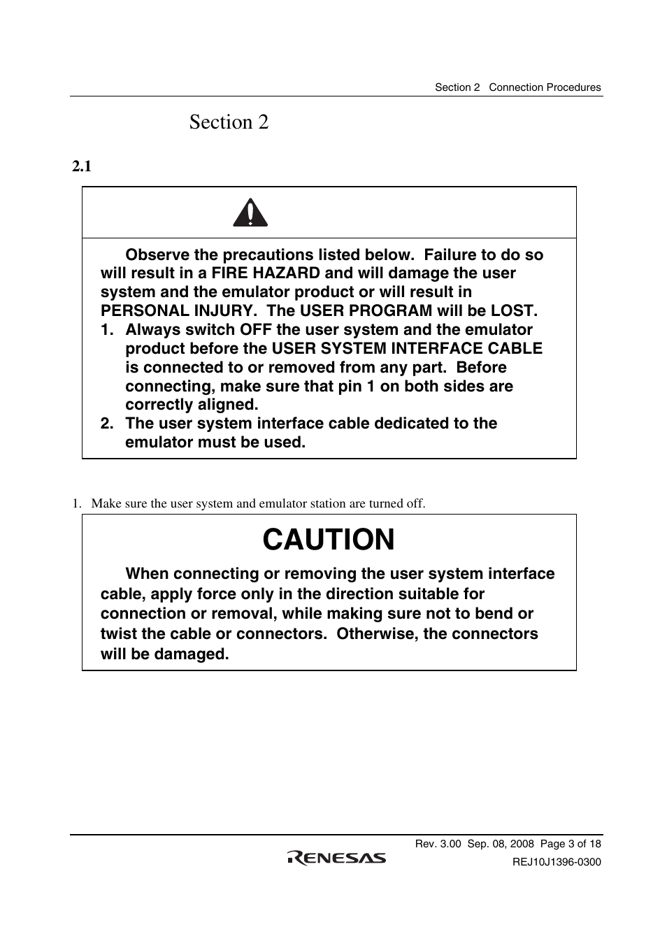 Section 2 connection procedures, Warning, Caution | Renesas H8SX/1582 User Manual | Page 17 / 36