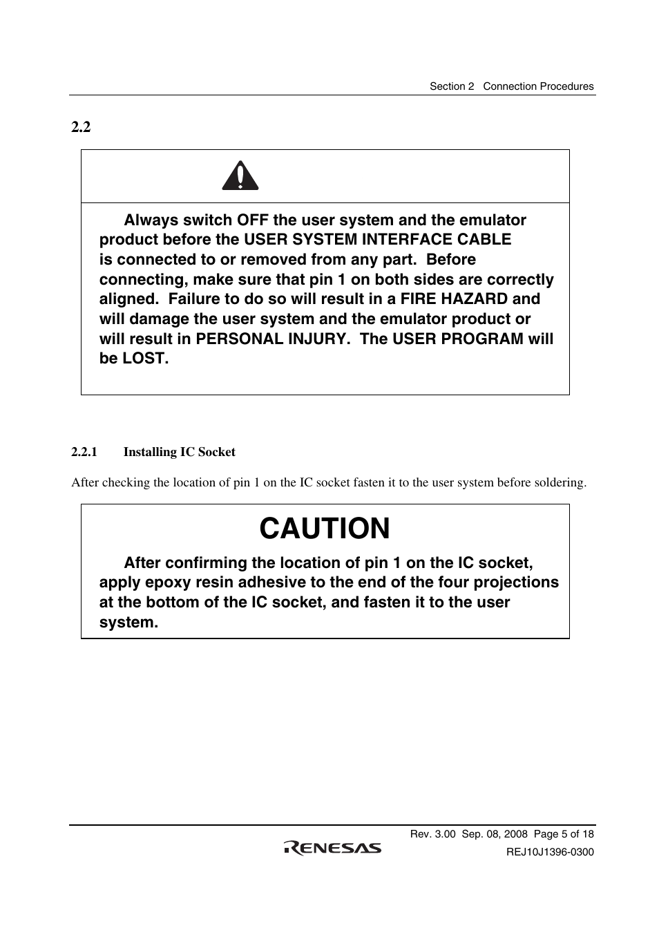 1 installing ic socket, Warning, Caution | Renesas H8SX/1582 User Manual | Page 19 / 36