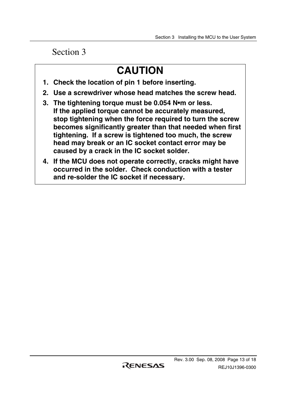 Section 3 installing the mcu to the user system, Caution | Renesas H8SX/1582 User Manual | Page 27 / 36