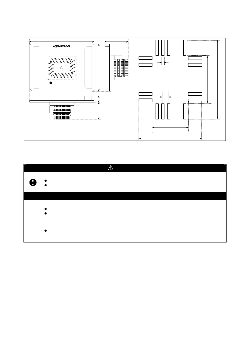 External dimensions and a sample foot pattern, Precautions, Caution | Important, Caution to be taken for this product | Renesas M3T-F160-80NRA User Manual | Page 5 / 6