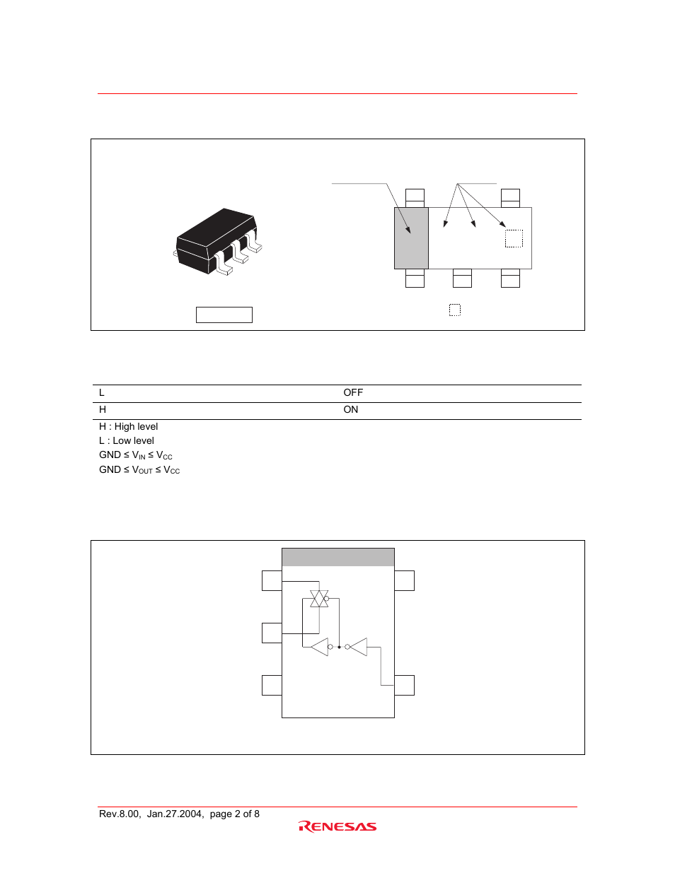 Outline and article indication, Function table, Pin arrangement | Renesas HD74HC1G66 User Manual | Page 2 / 9