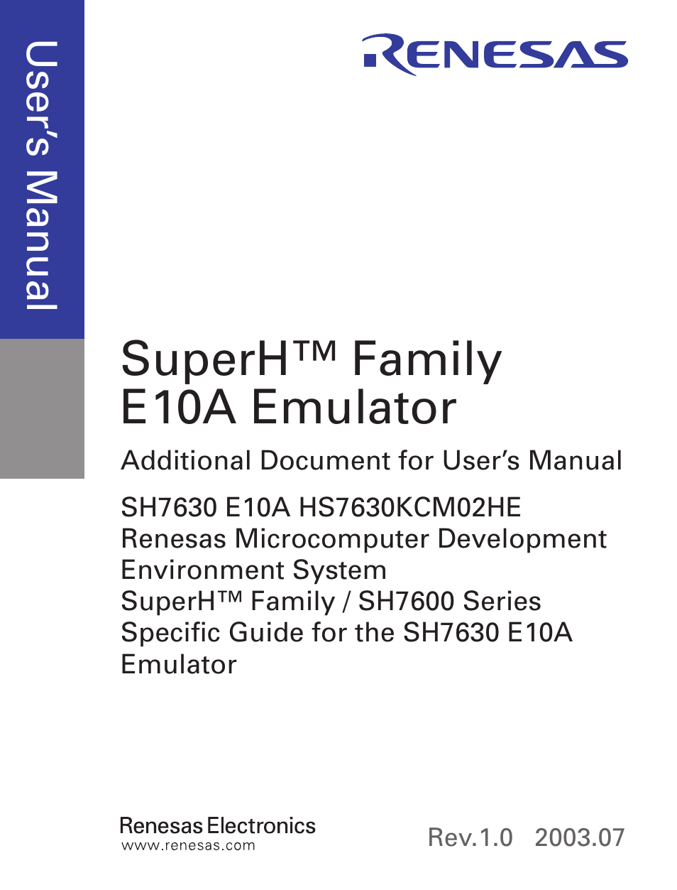 Cover, Superh™ family e10a emulator, Use r’s m an ua l | Renesas SuperH SH7600 Series User Manual | Page 3 / 38