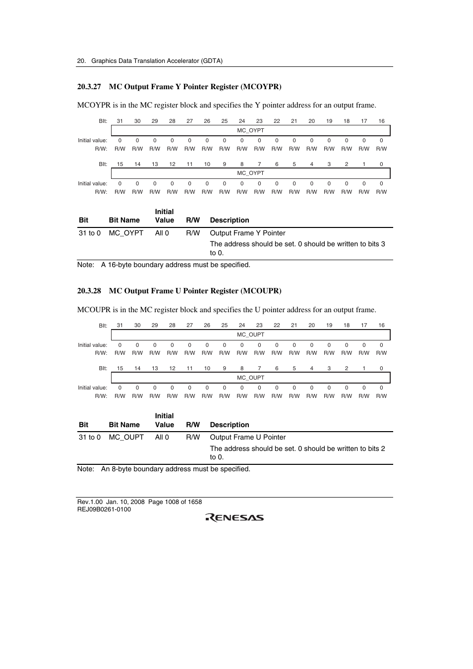 27 mc output frame y pointer register (mcoypr), 28 mc output frame u pointer register (mcoupr) | Renesas SH7781 User Manual | Page 1038 / 1692