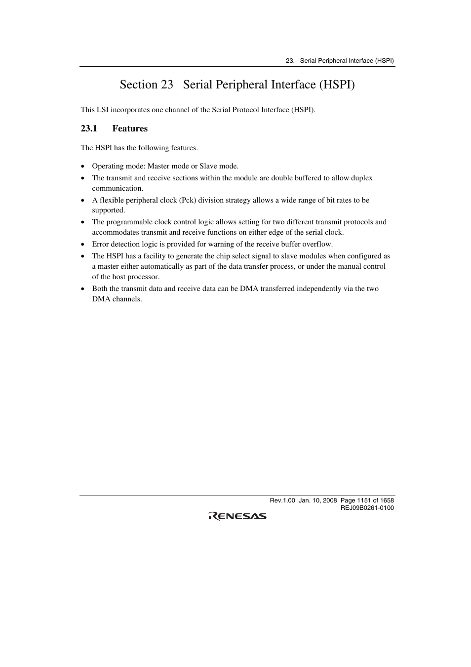 Section 23 serial peripheral interface (hspi), 1 features | Renesas SH7781 User Manual | Page 1181 / 1692