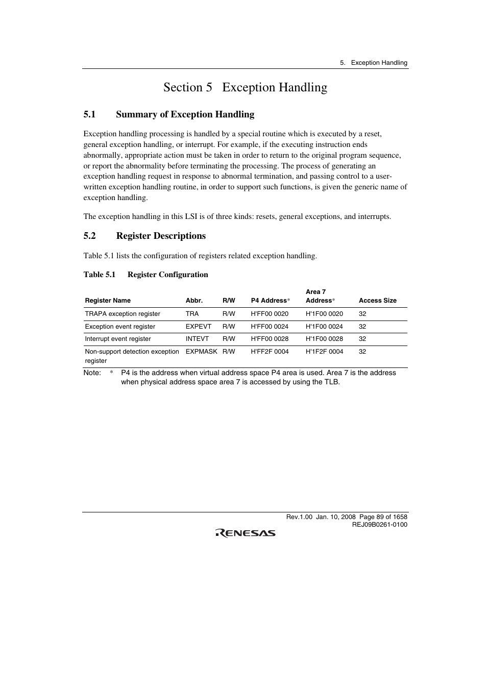 Section 5 exception handling, 1 summary of exception handling, 2 register descriptions | Renesas SH7781 User Manual | Page 119 / 1692