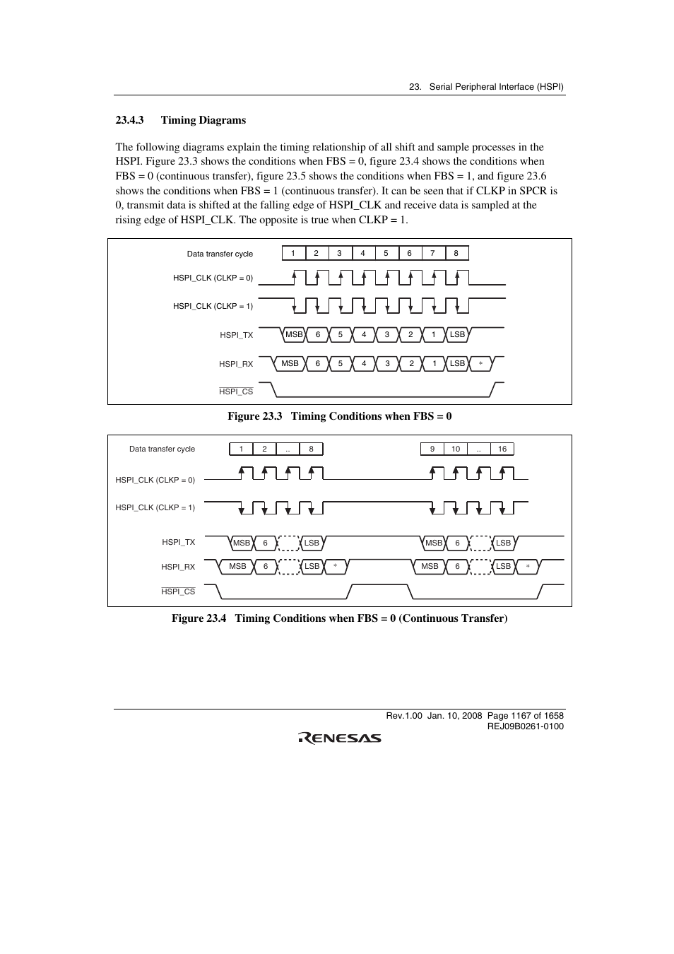 3 timing diagrams, Figure 23.3 timing conditions when fbs = 0 | Renesas SH7781 User Manual | Page 1197 / 1692