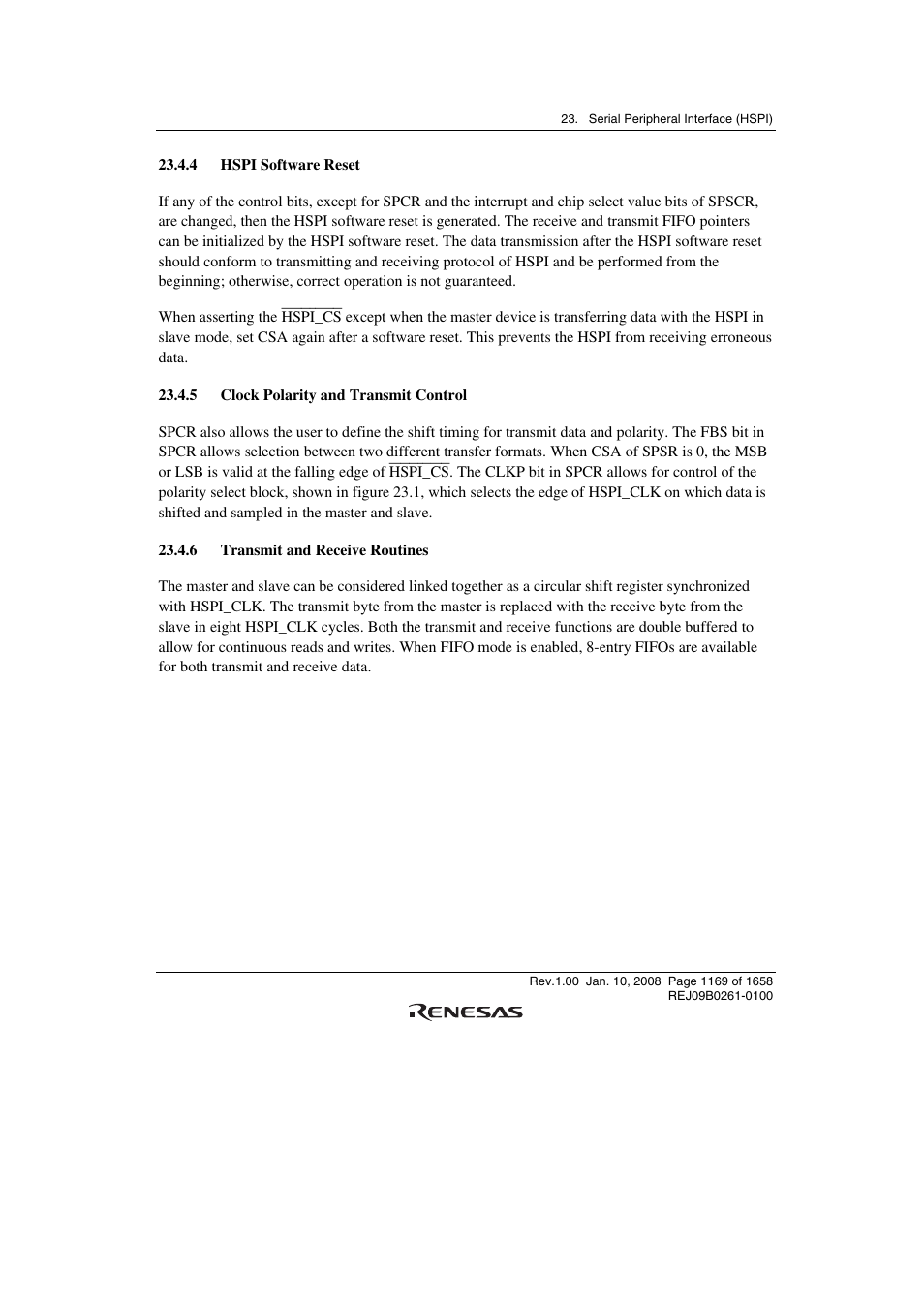 4 hspi software reset, 5 clock polarity and transmit control, 6 transmit and receive routines | Renesas SH7781 User Manual | Page 1199 / 1692