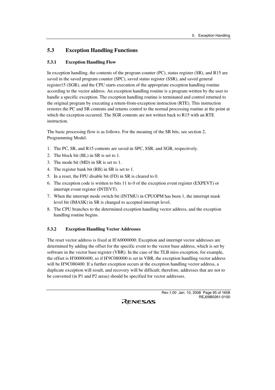 3 exception handling functions, 1 exception handling flow, 2 exception handling vector addresses | Renesas SH7781 User Manual | Page 125 / 1692