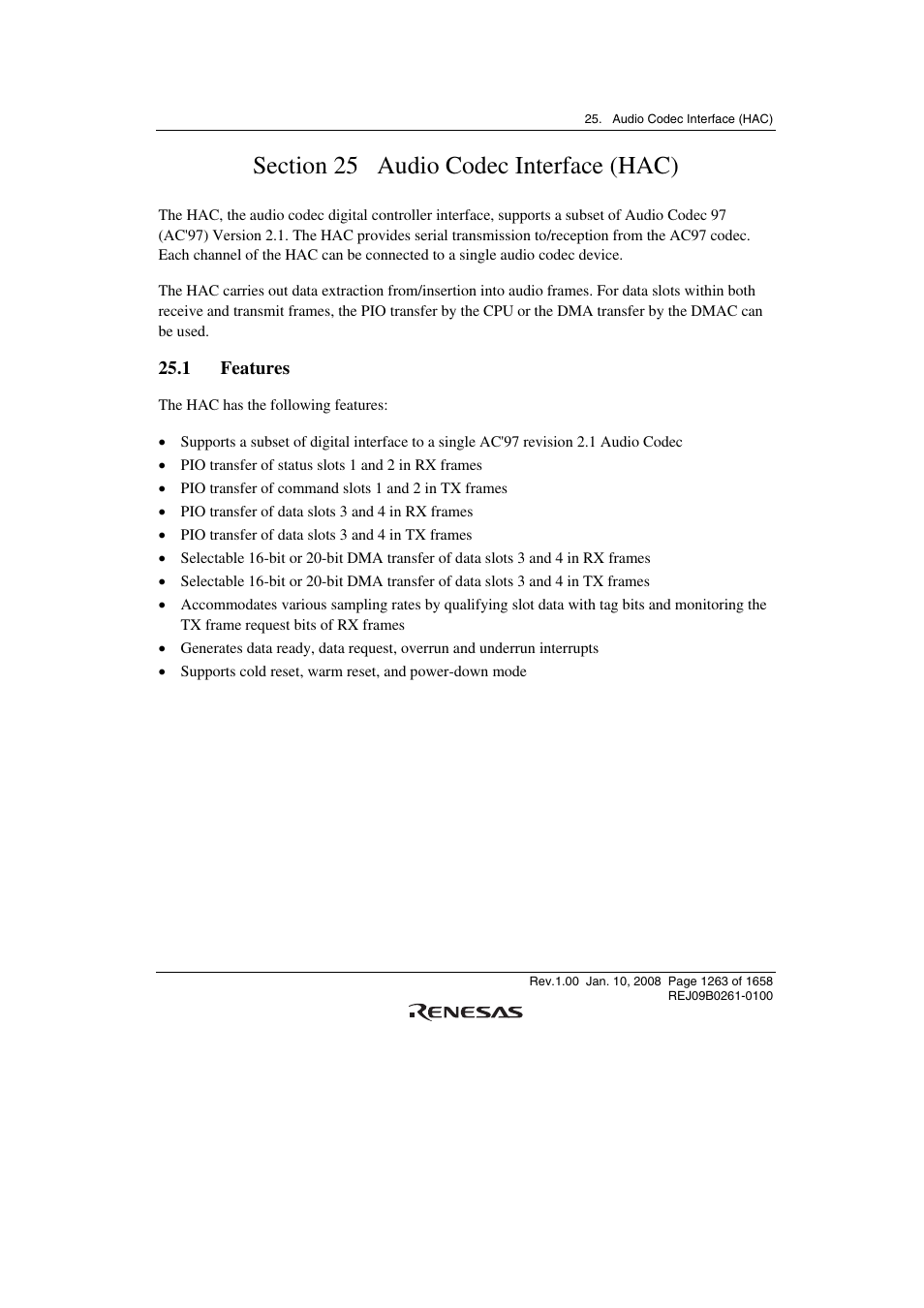 Section 25 audio codec interface (hac), 1 features | Renesas SH7781 User Manual | Page 1293 / 1692