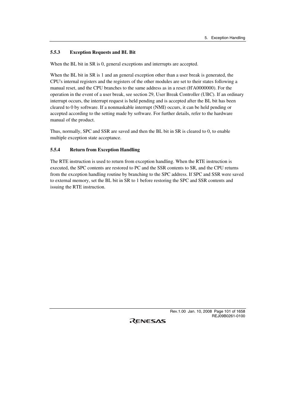 3 exception requests and bl bit, 4 return from exception handling | Renesas SH7781 User Manual | Page 131 / 1692