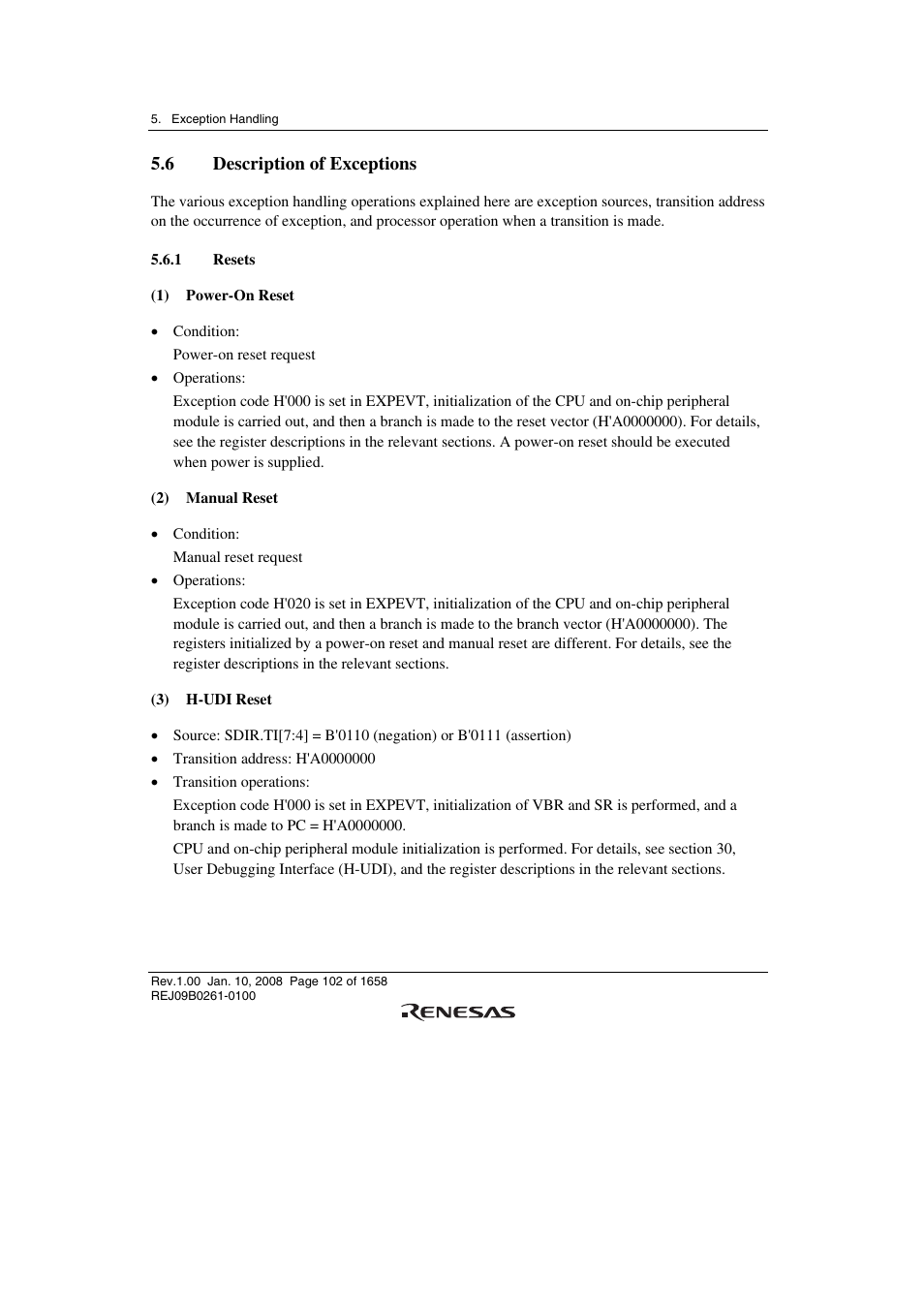 6 description of exceptions, 1 resets | Renesas SH7781 User Manual | Page 132 / 1692
