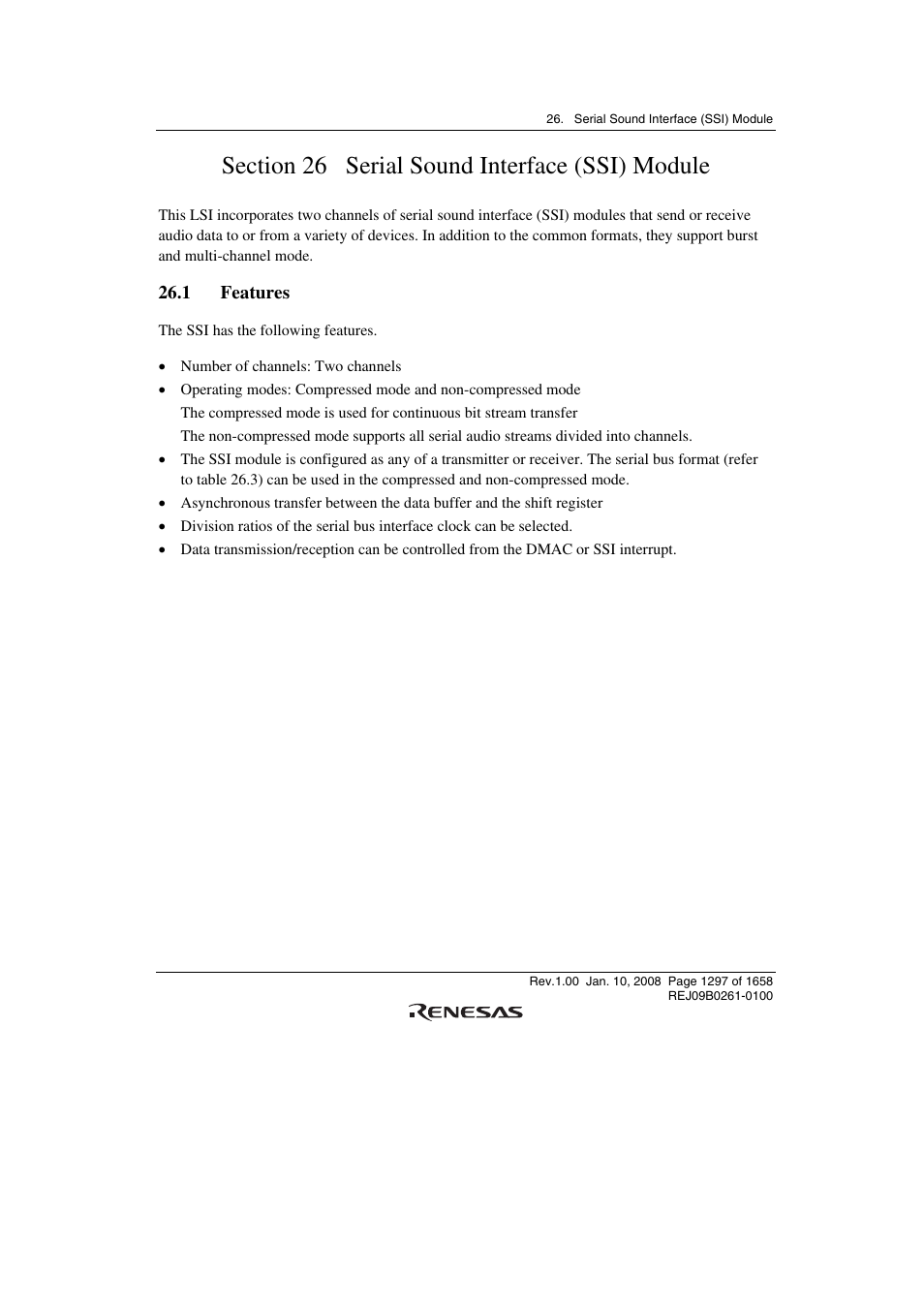 Section 26 serial sound interface (ssi) module, 1 features | Renesas SH7781 User Manual | Page 1327 / 1692