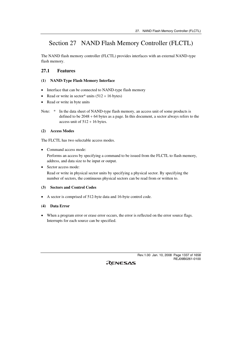 Section 27 nand flash memory controller (flctl), 1 features | Renesas SH7781 User Manual | Page 1367 / 1692