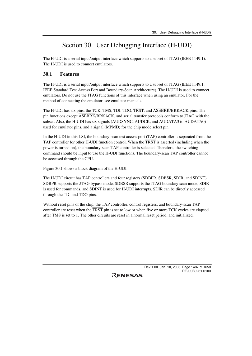 Section 30 user debugging interface (h-udi), 1 features | Renesas SH7781 User Manual | Page 1517 / 1692