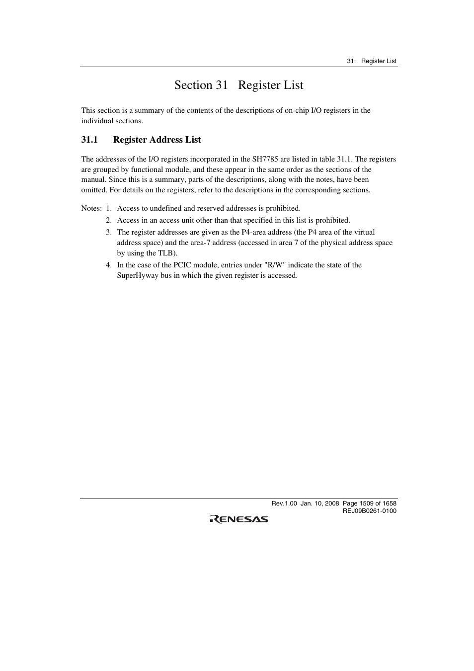 Section 31 register list, 1 register address list | Renesas SH7781 User Manual | Page 1539 / 1692