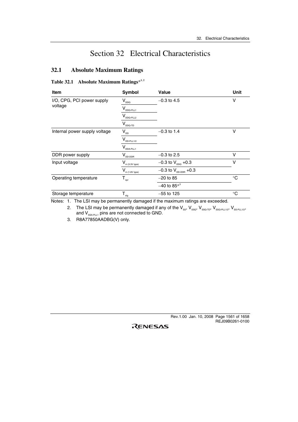 Section 32 electrical characteristics, 1 absolute maximum ratings | Renesas SH7781 User Manual | Page 1591 / 1692