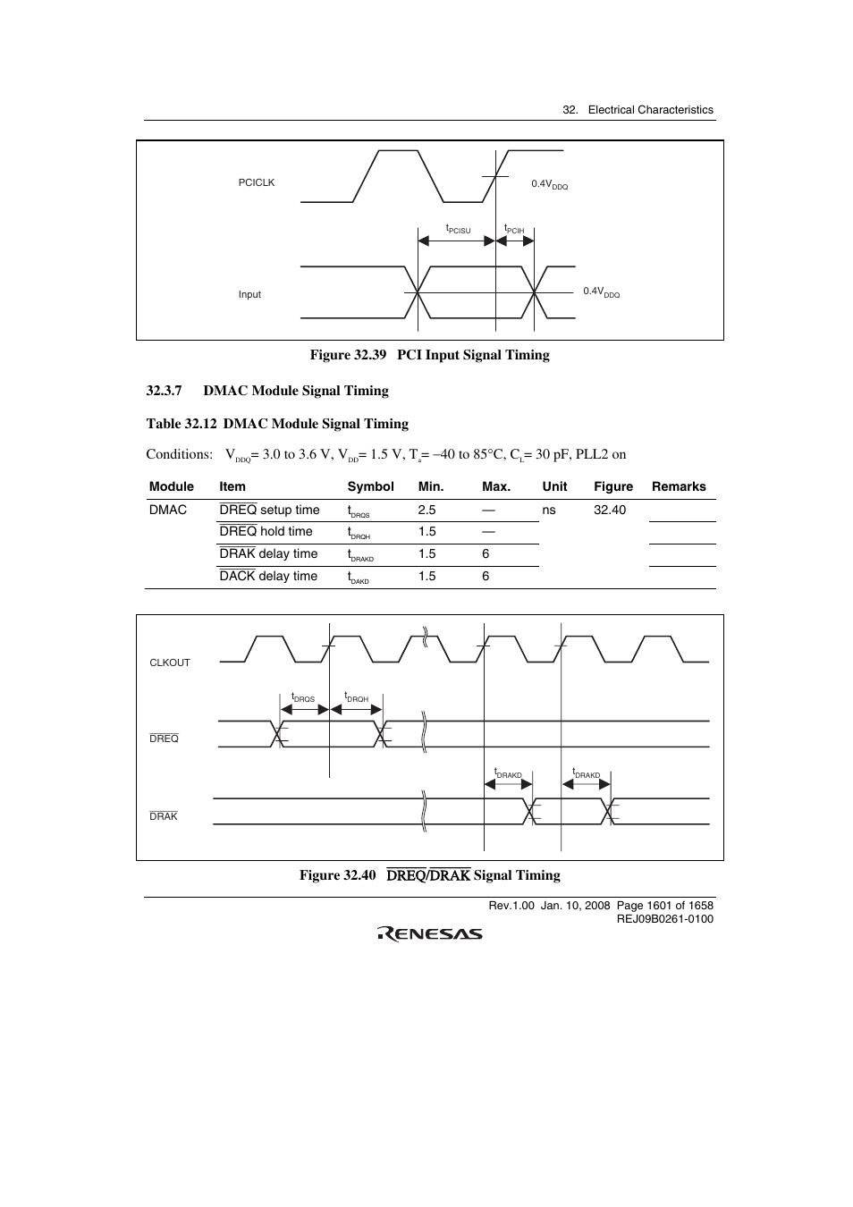 7 dmac module signal timing, 0 to 3.6 v, v, 5 v, t | 40 to 85°c, c, 30 pf, pll2 on, Figure 32.40 dreq / drak signal timing | Renesas SH7781 User Manual | Page 1631 / 1692