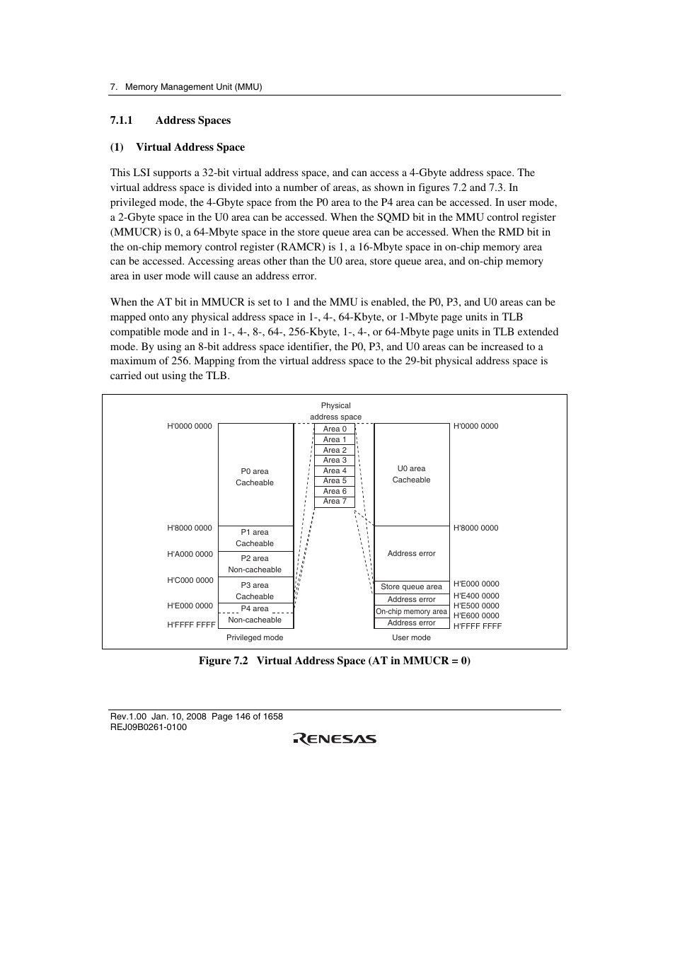 1 address spaces, Figure 7.2 virtual address space (at in mmucr = 0) | Renesas SH7781 User Manual | Page 176 / 1692