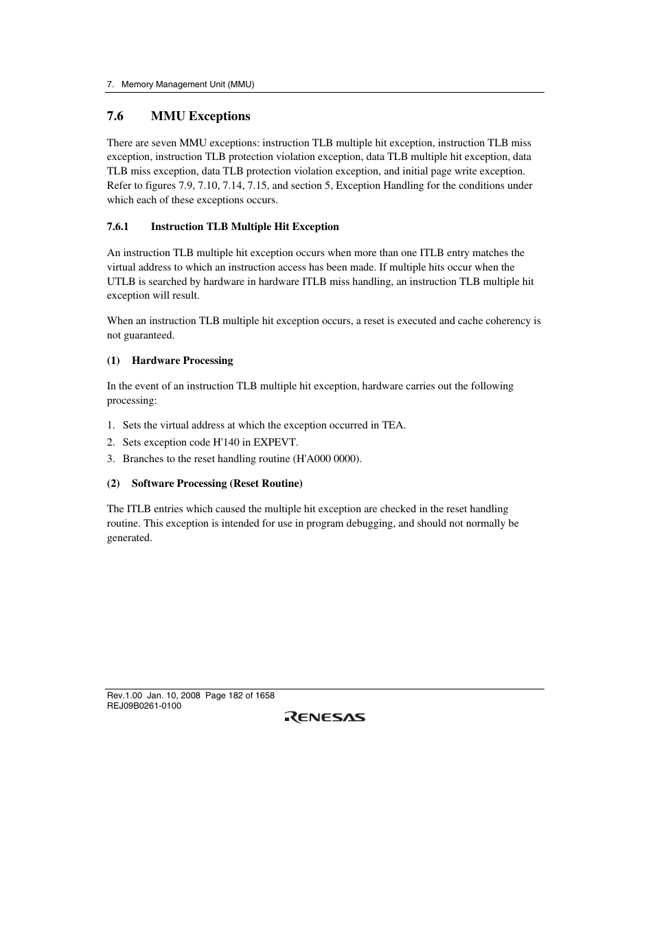 6 mmu exceptions, 1 instruction tlb multiple hit exception | Renesas SH7781 User Manual | Page 212 / 1692
