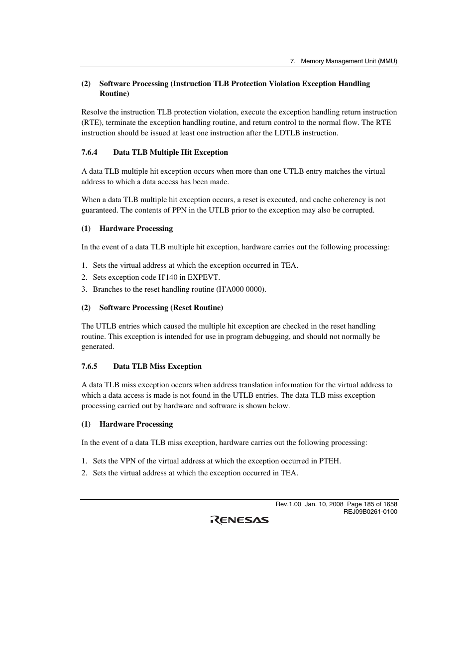 4 data tlb multiple hit exception, 5 data tlb miss exception | Renesas SH7781 User Manual | Page 215 / 1692