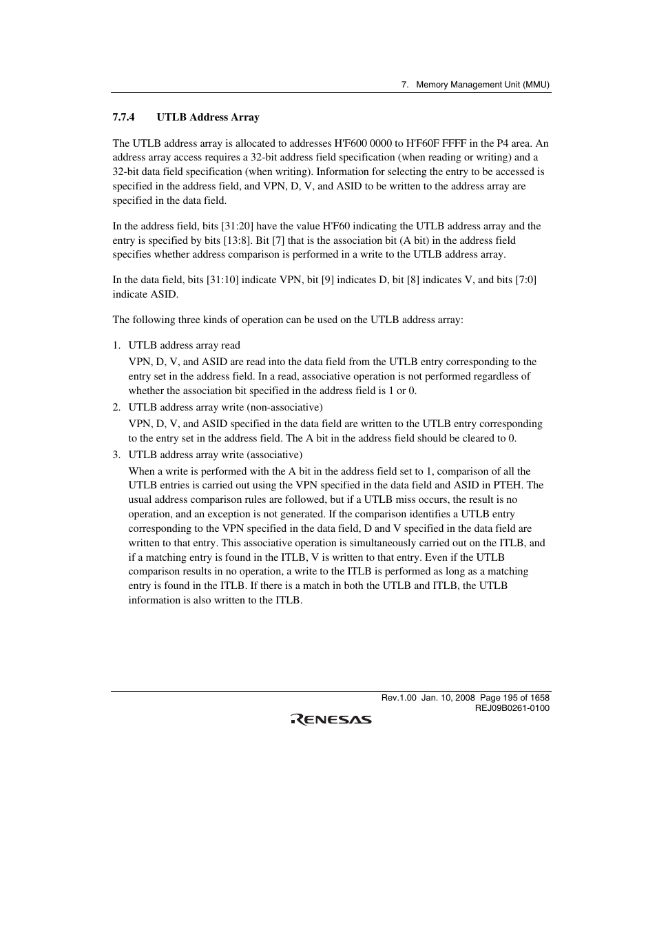 4 utlb address array | Renesas SH7781 User Manual | Page 225 / 1692