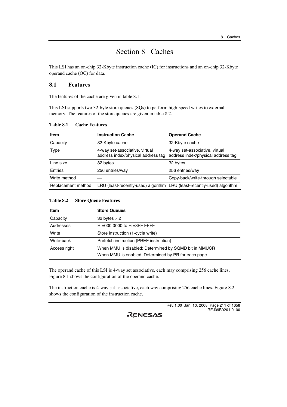 Section 8 caches, 1 features | Renesas SH7781 User Manual | Page 241 / 1692