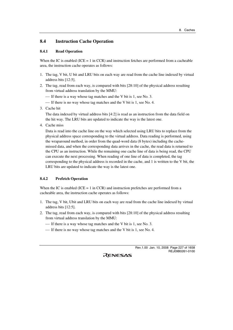 4 instruction cache operation, 1 read operation, 2 prefetch operation | Renesas SH7781 User Manual | Page 257 / 1692