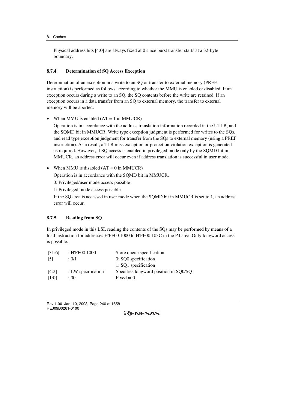 4 determination of sq access exception, 5 reading from sq | Renesas SH7781 User Manual | Page 270 / 1692