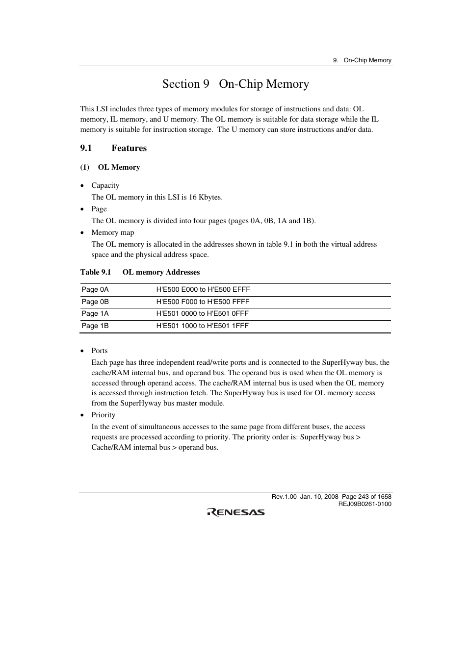 Section 9 on-chip memory, 1 features | Renesas SH7781 User Manual | Page 273 / 1692