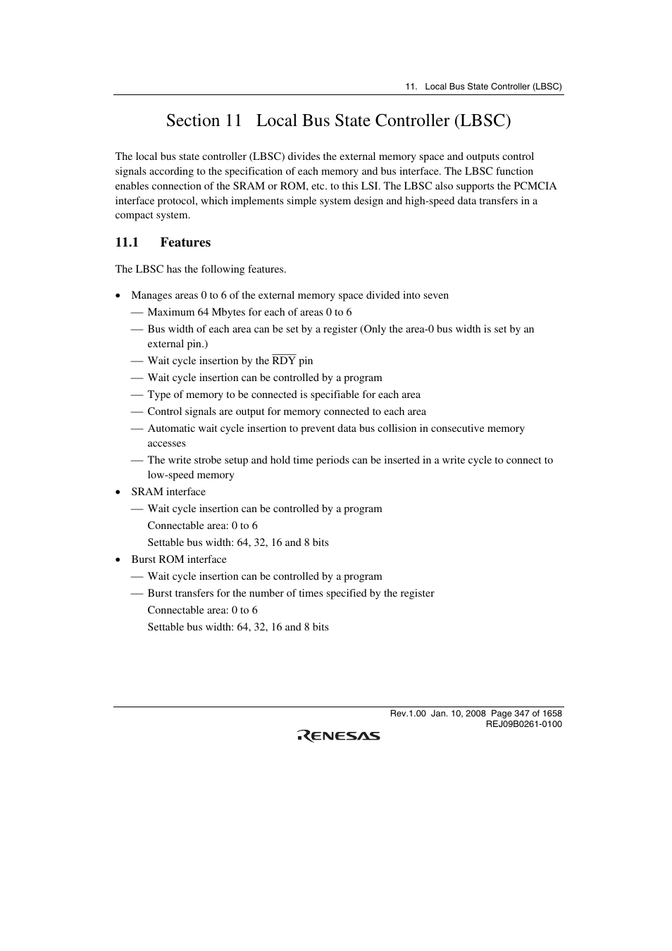 Section 11 local bus state controller (lbsc), 1 features | Renesas SH7781 User Manual | Page 377 / 1692