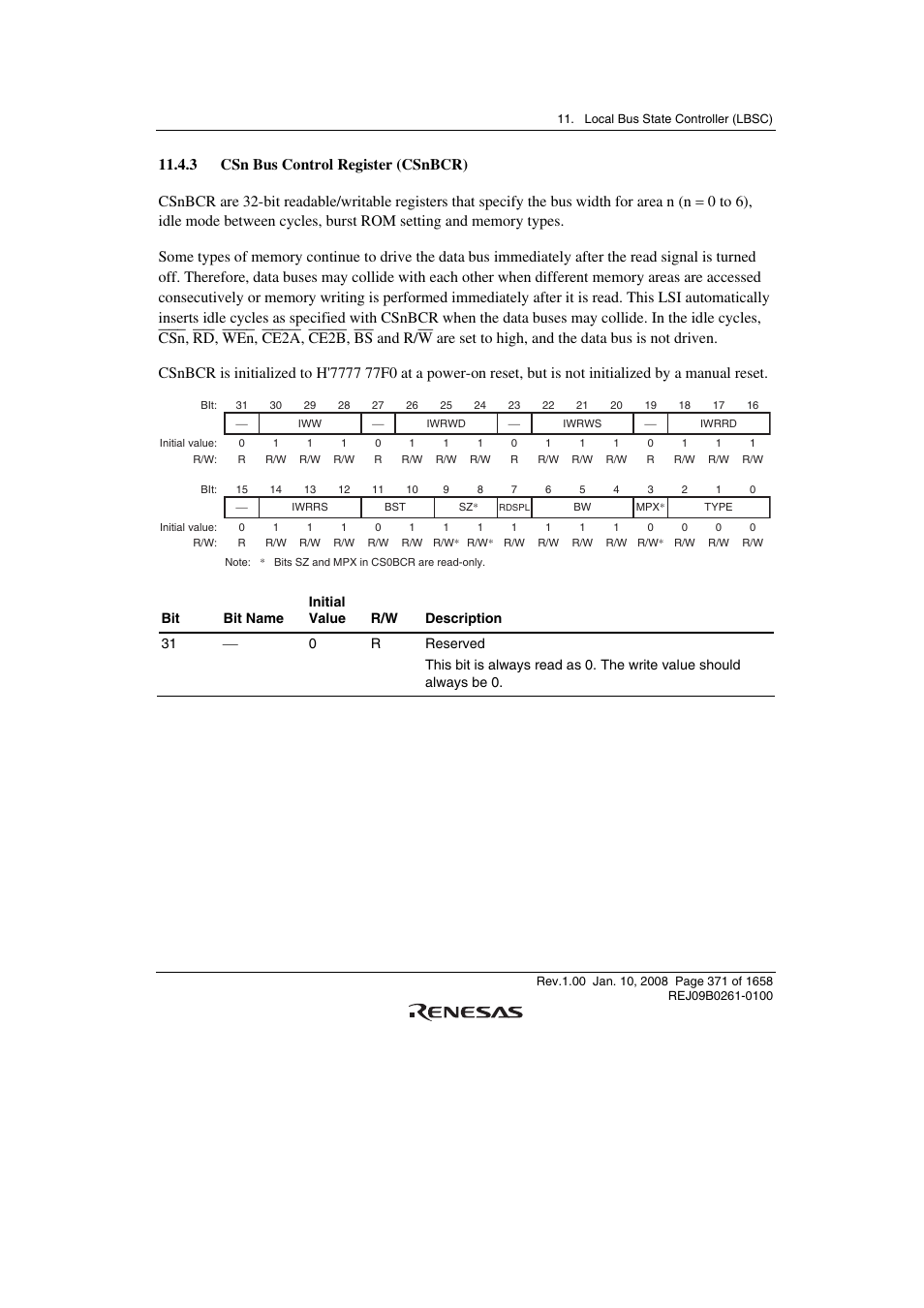 3 csn bus control register (csnbcr) | Renesas SH7781 User Manual | Page 401 / 1692