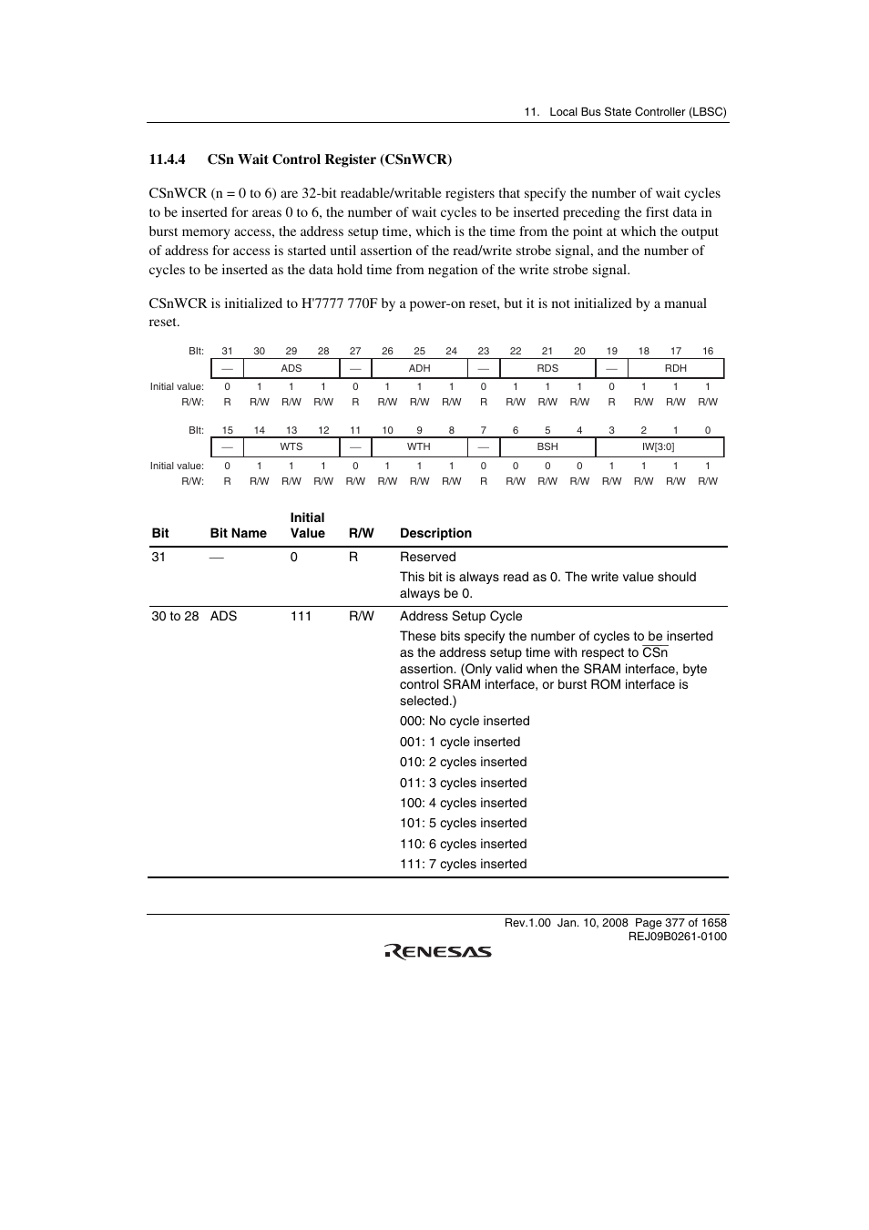 4 csn wait control register (csnwcr) | Renesas SH7781 User Manual | Page 407 / 1692