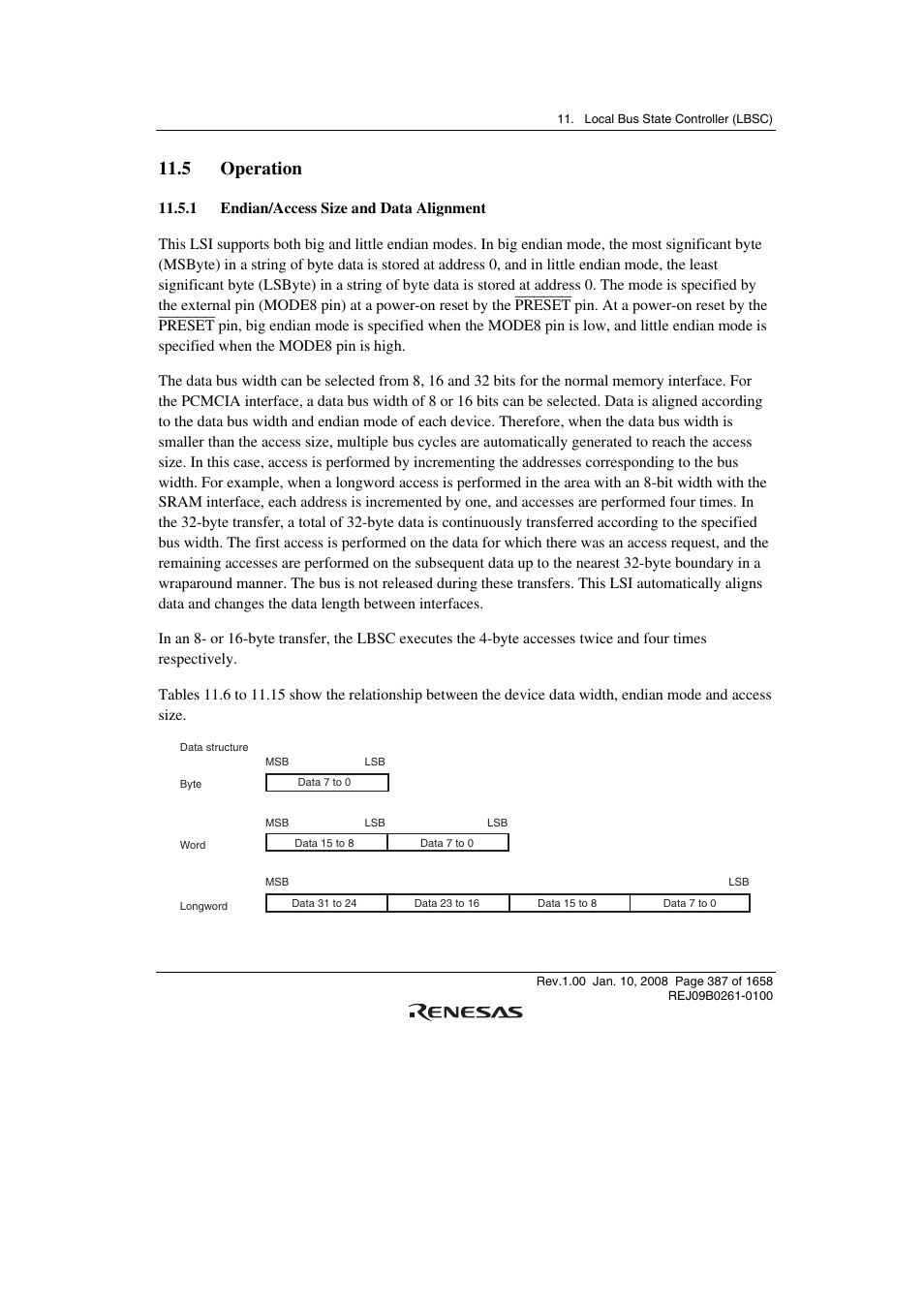 5 operation, 1 endian/access size and data alignment | Renesas SH7781 User Manual | Page 417 / 1692